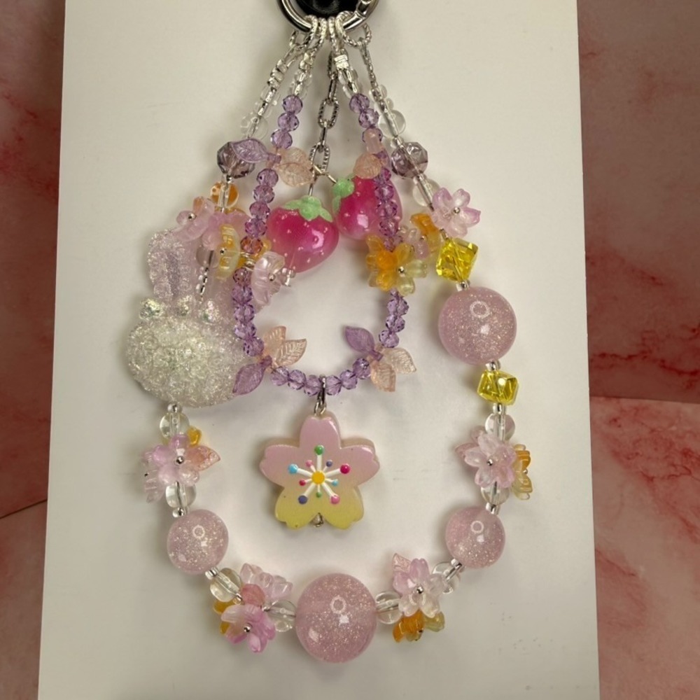 Bunny Pink Crystal Beaded Strawberry Garden Phone Wristlet Charm